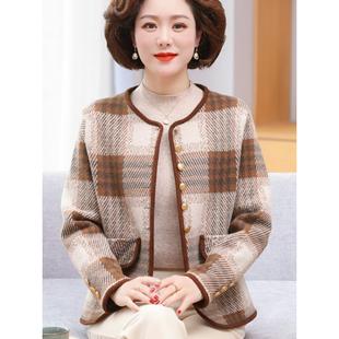 妈妈春装2025新款针织外套短款中老年女装春秋洋气小香风毛呢上衣