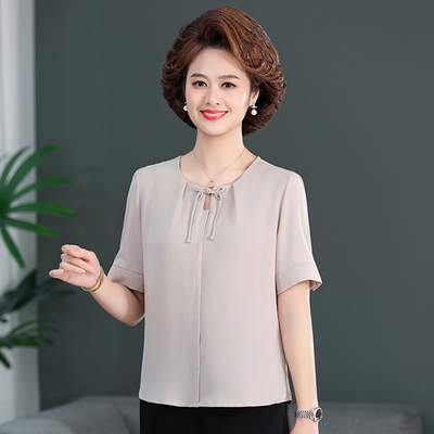 2024妈妈新款真丝衬衣纯色T恤中老年婆婆遮肚小衫奶奶短袖衣服薄