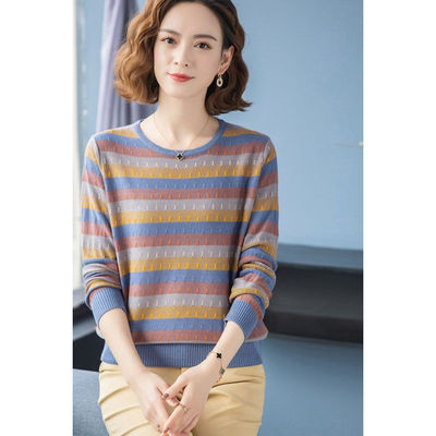 恒源祥集团彩羊新款打底衫桑蚕丝春秋季长袖条纹t恤女宽松针织衫