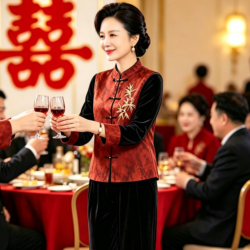 结婚礼服妈妈秋冬季裤子套装喜婆婆婚宴新中式国风红衣服平时可穿