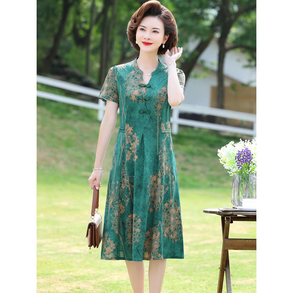 恒源祥彩羊妈妈夏装连衣裙子真丝旗袍洋气高贵中老年女桑蚕丝大码