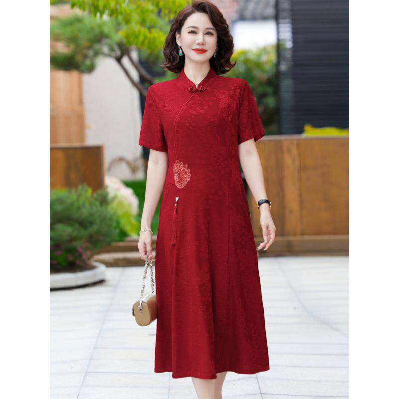 喜婆婆夏季婚宴大码胖妈妈裙子中老年女装旗袍连衣裙礼服平时可穿