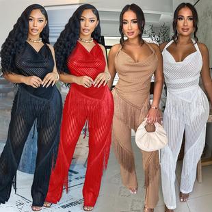 loose piece neck trousers tie top two backless set slim