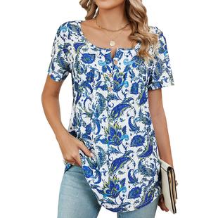 Sleeve Top Floral Shirt Button Loose Short Fit