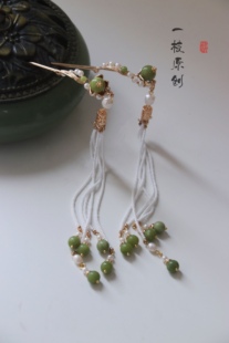 橄榄玉珍珠长流苏单簪素雅点缀宋元汉服新中式古风头饰盘发配饰