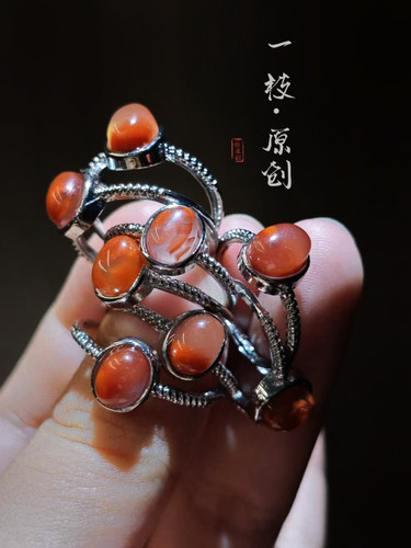 天然飘花南红玛瑙可调节铜镶戒指女款复古民族风新中式百搭小众