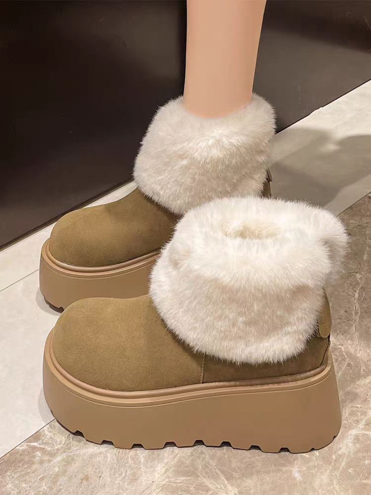 松糕厚底雪地靴女2025年新款防水短筒内增高棉鞋冬保暖加绒面包鞋