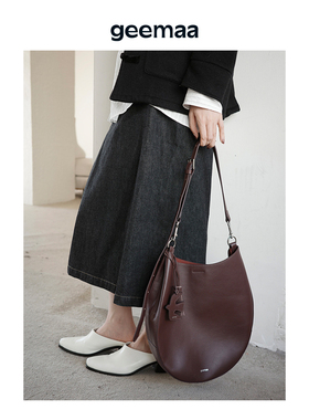 geemaa 飞鸟半月单肩包 头层牛皮女包通勤托特包大容量hobo新年红