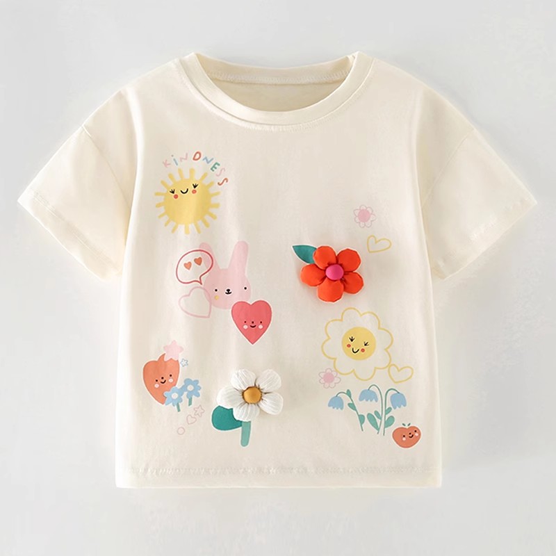女童白色小花短袖T恤宝宝纯棉上衣儿童夏装小童打底体恤衫半袖0-8