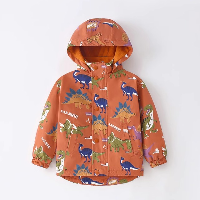 外贸童装男童加绒恐龙风衣外套秋冬新款欧美中小童加厚连帽衫拉链