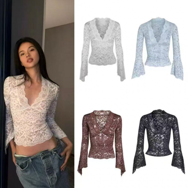 iamgia新款性感透视辣妹纯欲风V字领镂空蕾丝喇叭袖透视修身上衣