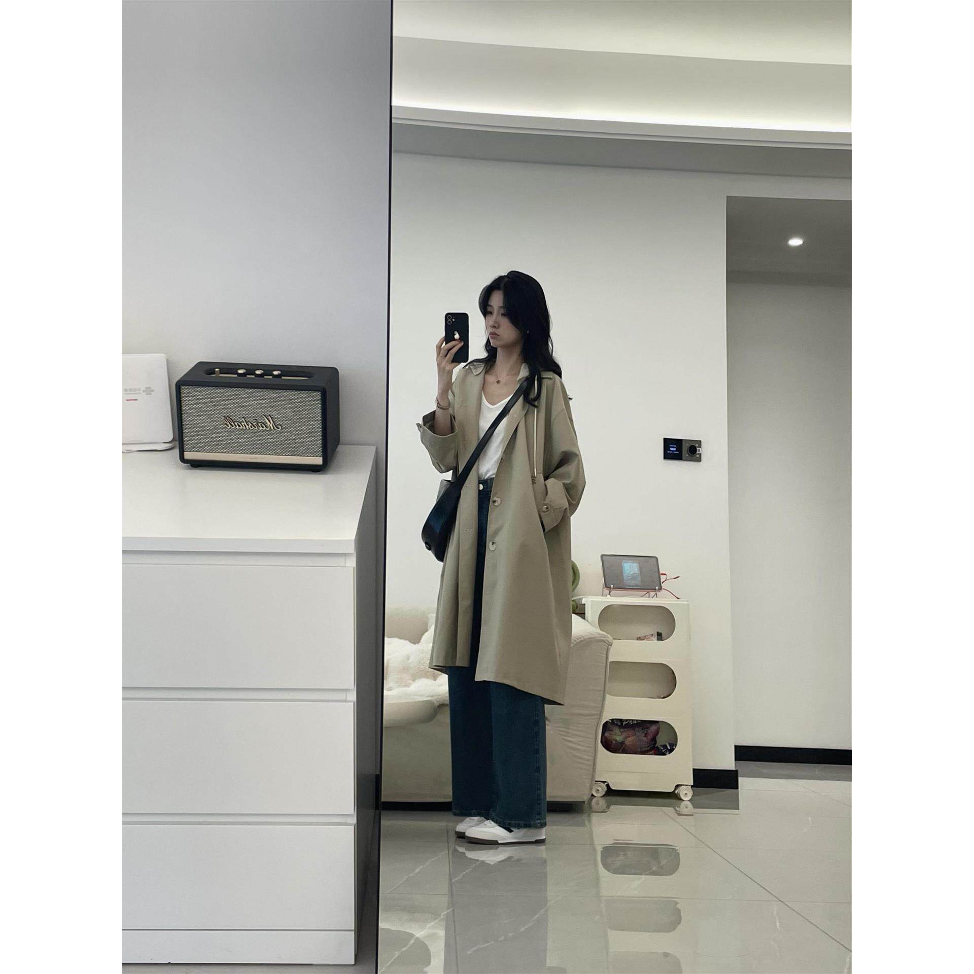 MONLOUVE广州十三行品牌高货卡其色中长款连帽工装风衣外套女早秋