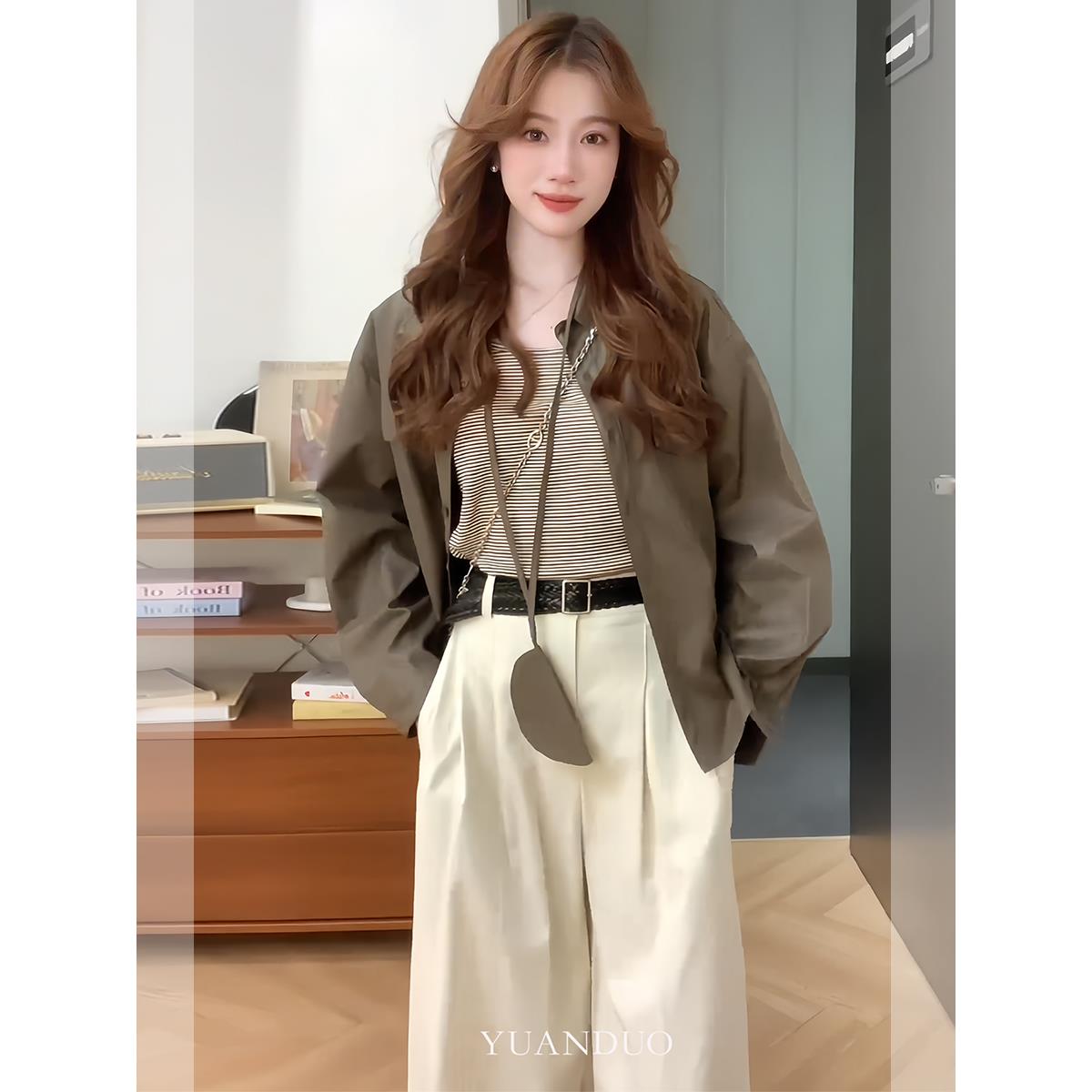 MONLOUVE2025秋季穿搭一整套薄款皮衣条纹背心休闲白色裤子韩系ch