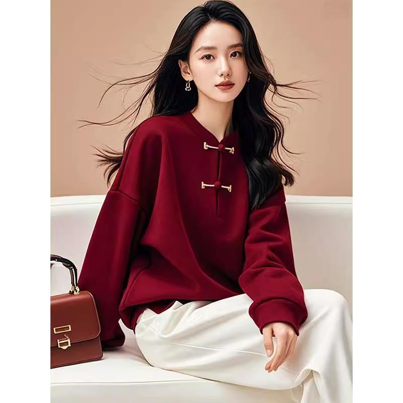 MONLOUVE广州十三行高货安可拉红酒红色新中式轻国风盘扣长袖卫衣