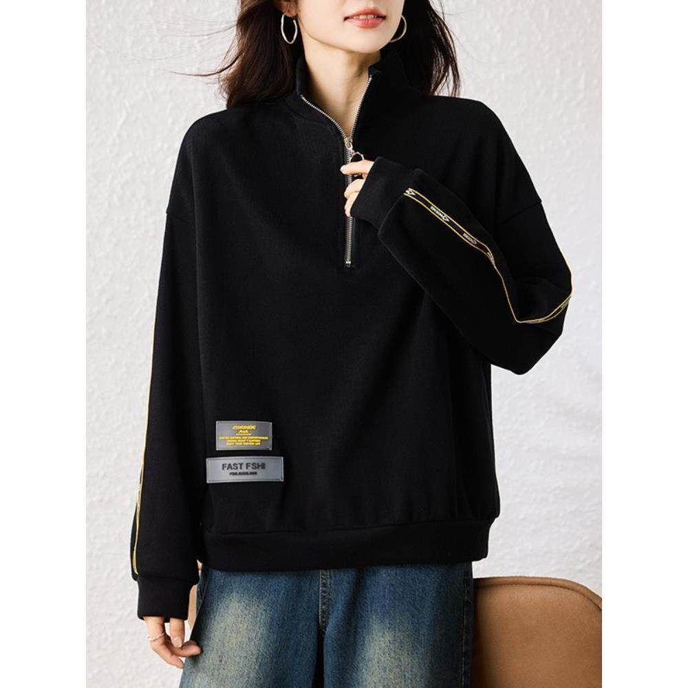 MONLOUVE广州十三行高货潮牌立领卫衣女黑色短款半拉链休闲上衣宽