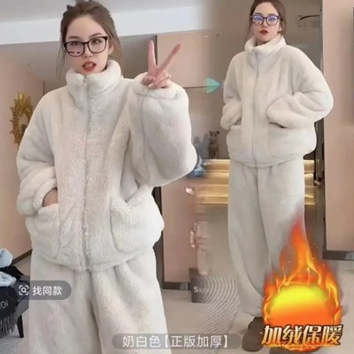 大码长袖见描述宽松男女睡衣加绒