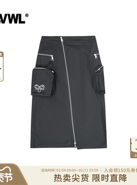 VWL朋克风半身裙高腰开衩黑色不规则半身裙女酷飒中长裙