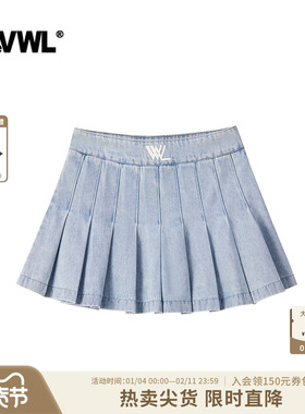 VWL牛仔百褶短裙半身裙新爆款百褶裙女甜酷辣妹风A字小裙子