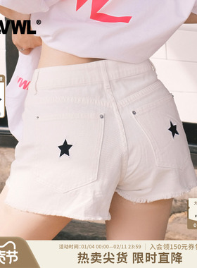 VWL牛仔美式短裤 夏季女白色高街热裤显高薄款毛边牛仔裤子