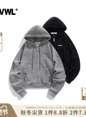 【张艺凡同款】VWL条绒连帽开衫印花logo卫衣宽松拉链开衫外套