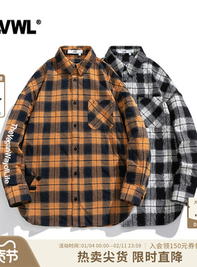 VWL经典LOGO格子衬衫男女款全棉黑白色摩卡慕斯色长袖上衣衬衣
