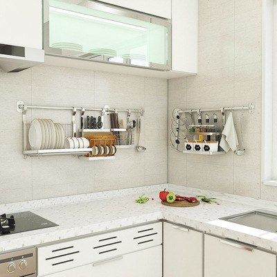厨房墙壁置物架不锈钢挂杆挂钩免打孔刀架沥水碗架调料锅盖架挂件