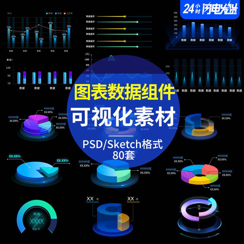 大屏可视化图表组件折线图饼图大数据立体图表PSD/sketch格式80套 商务/设计服务 设计素材/源文件 原图主图