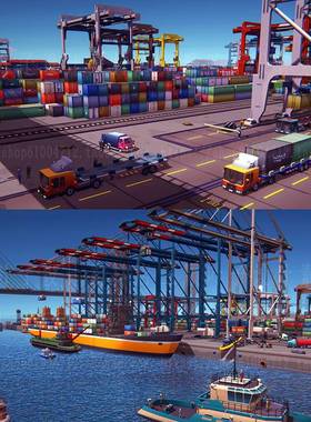 Lowpoly欧美大型港口3d模型船舶车辆起重机unity卡通场景素材0808