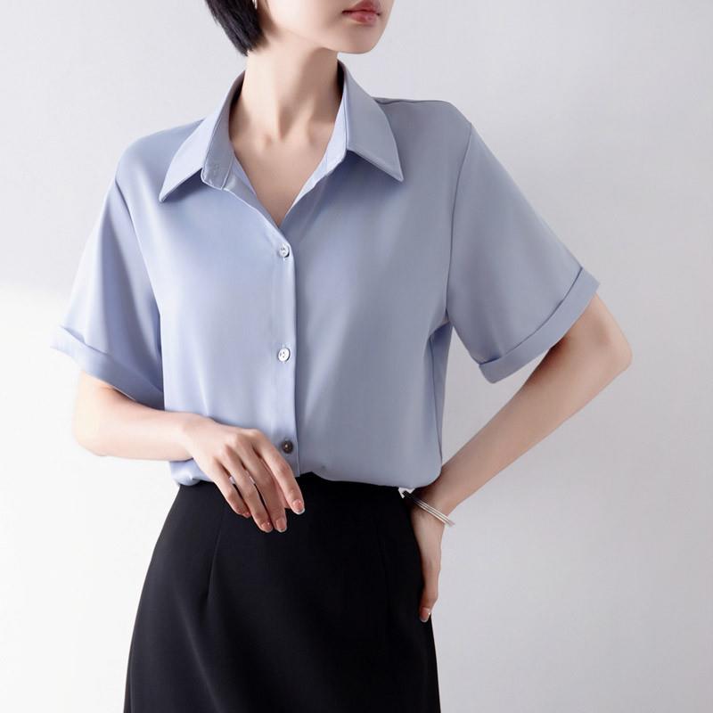 KATTERLLG气质高级感短袖衬衫女夏季OL职业正装通勤垂感Polo领面