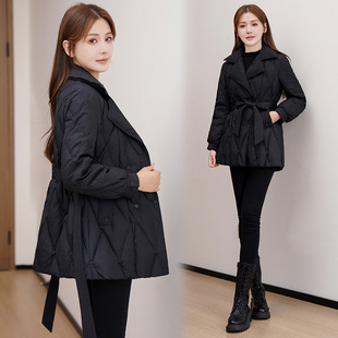 显瘦新款领收腰2025冬装黑色西装棉衣女中长款羽绒棉服女气质外套
