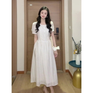 小白裙微胖MM收腰显 声雨竹大码 法式 温柔风连衣裙女夏季 刺绣泡泡袖