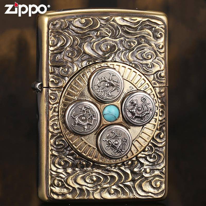 Zippo芝宝正品打火机 云纹四象黄铜贴章个性送礼煤油打火机男士