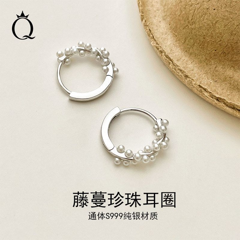 s999纯银珍珠耳环高级感轻奢耳圈气质小众设计感藤蔓款珍珠耳环女