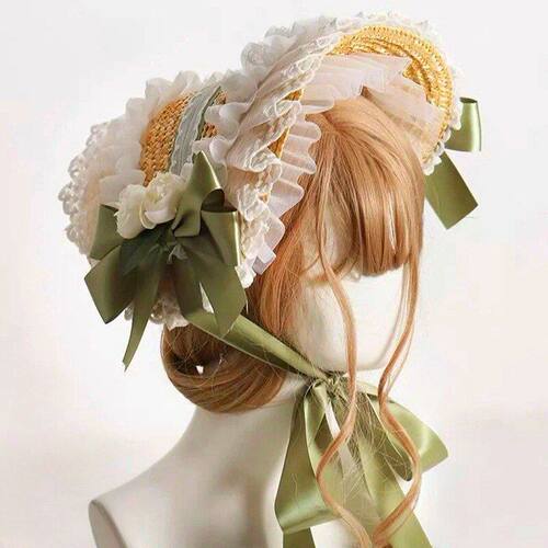波奈特草编草帽帽饰LOLITA服饰轻装连衣裙配件多色系带蝴蝶结女帽