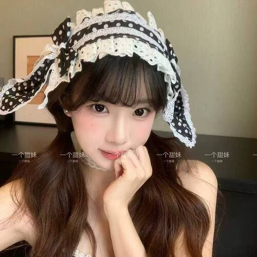 日系甜美兔子耳朵波点蕾丝蝴蝶结发夹可爱lolita发带头饰新款发饰