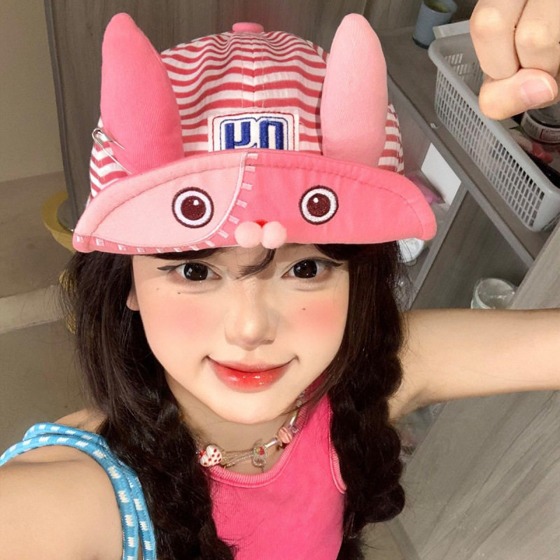粉色条纹越狱兔翻檐棒球帽女甜美可爱显脸小鸭舌帽学生软顶帽子潮