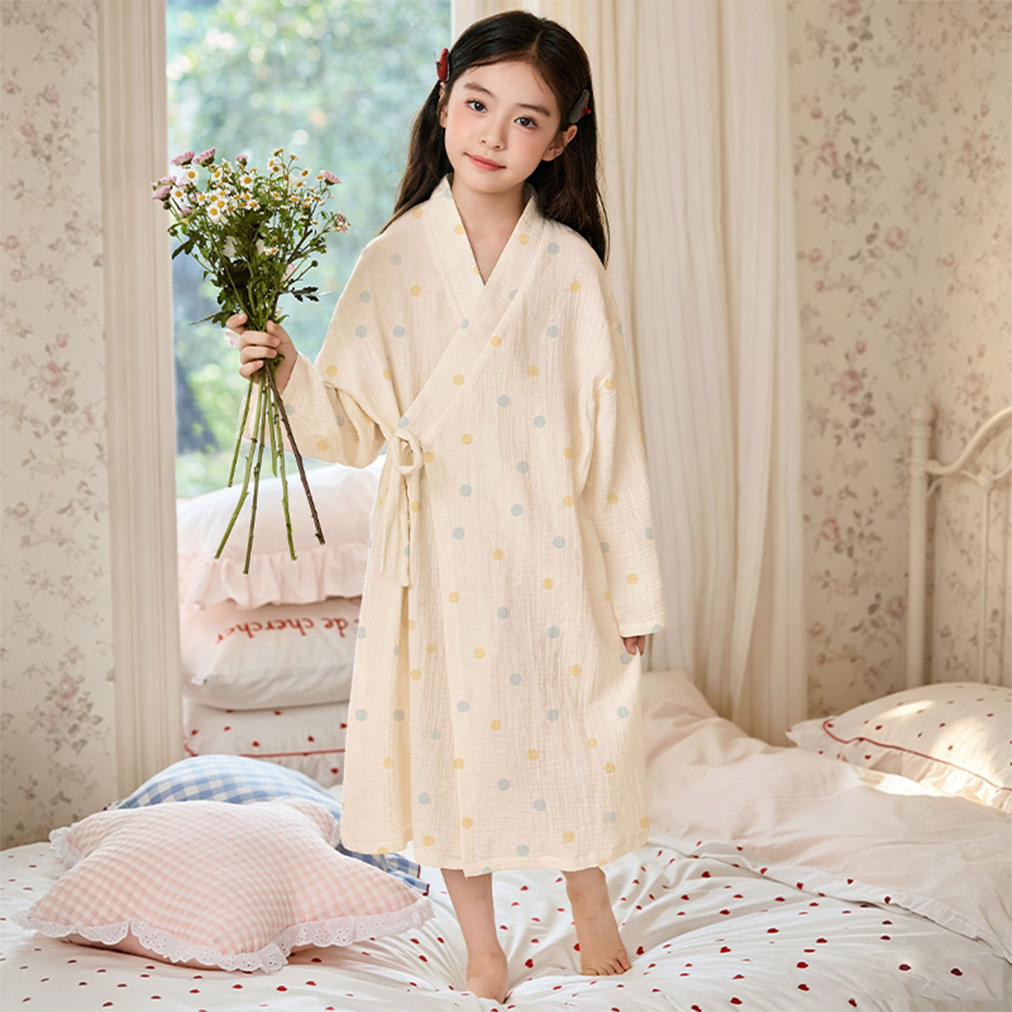 女童长袖纯棉春秋波点中长款浴袍