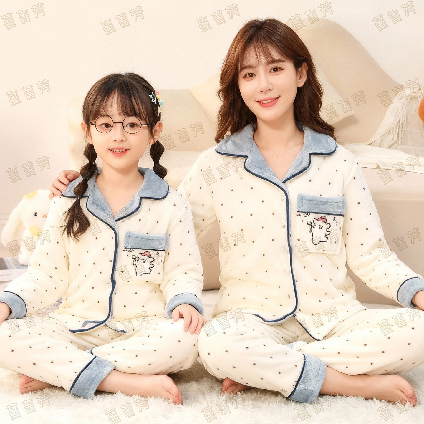 珊瑚绒母女秋冬季线条小狗家居服