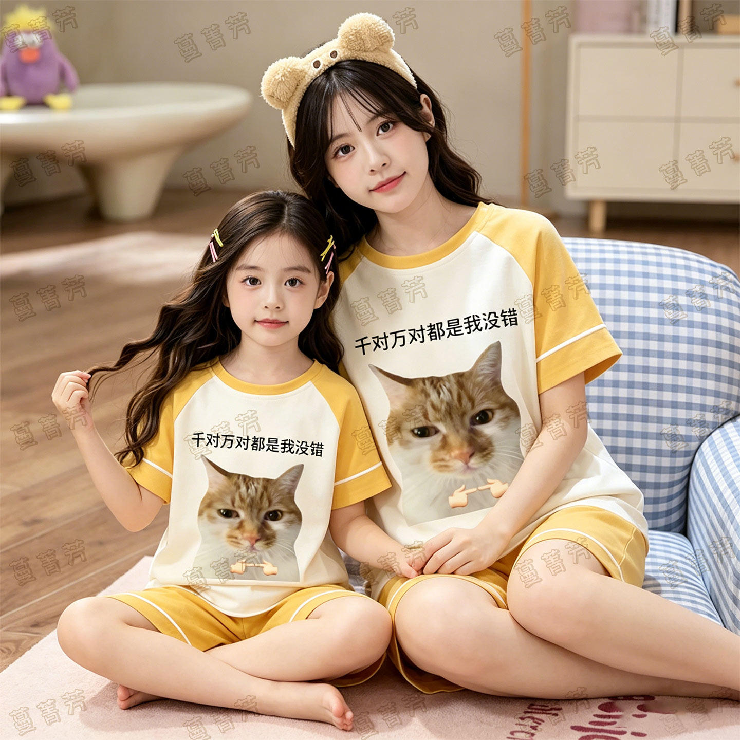 搞怪猫咪纯棉母女夏季短袖家居服