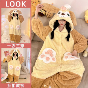 可琦安连体睡衣女款 卡通可爱厨师饼饼睡袍 珊瑚绒加厚绒保暖秋冬季