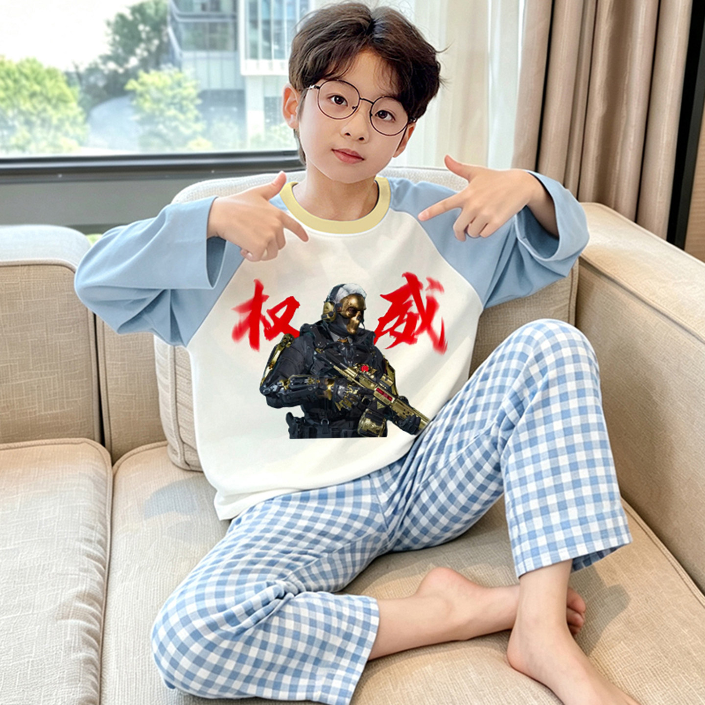春秋纯棉长袖儿童男孩青少年睡衣