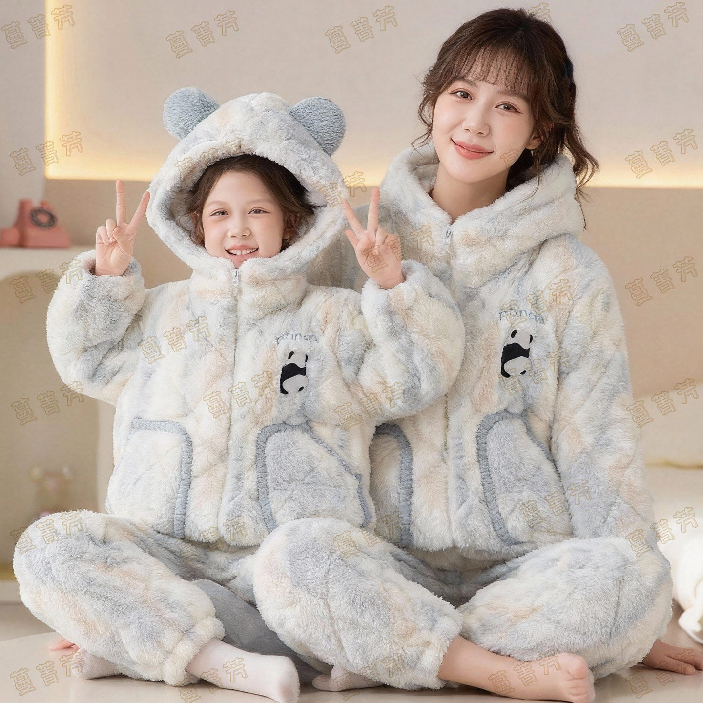 亲子睡衣母女冬季珊瑚绒加厚保暖三层夹棉儿童女孩熊猫家居服套装