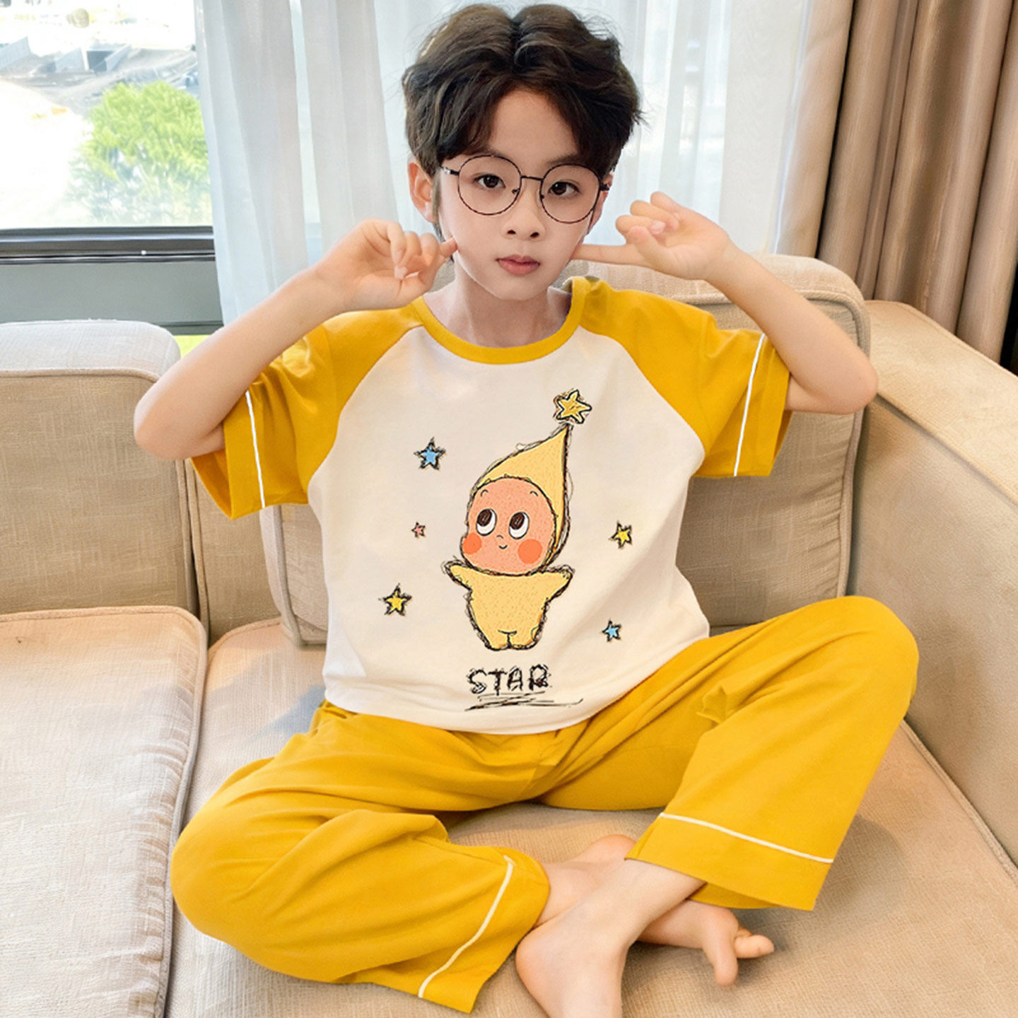 男童短袖纯棉夏季星星人家居服