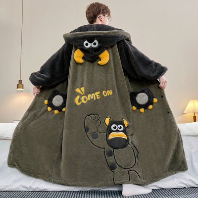 男士睡袍秋冬季加厚青少年珊瑚绒