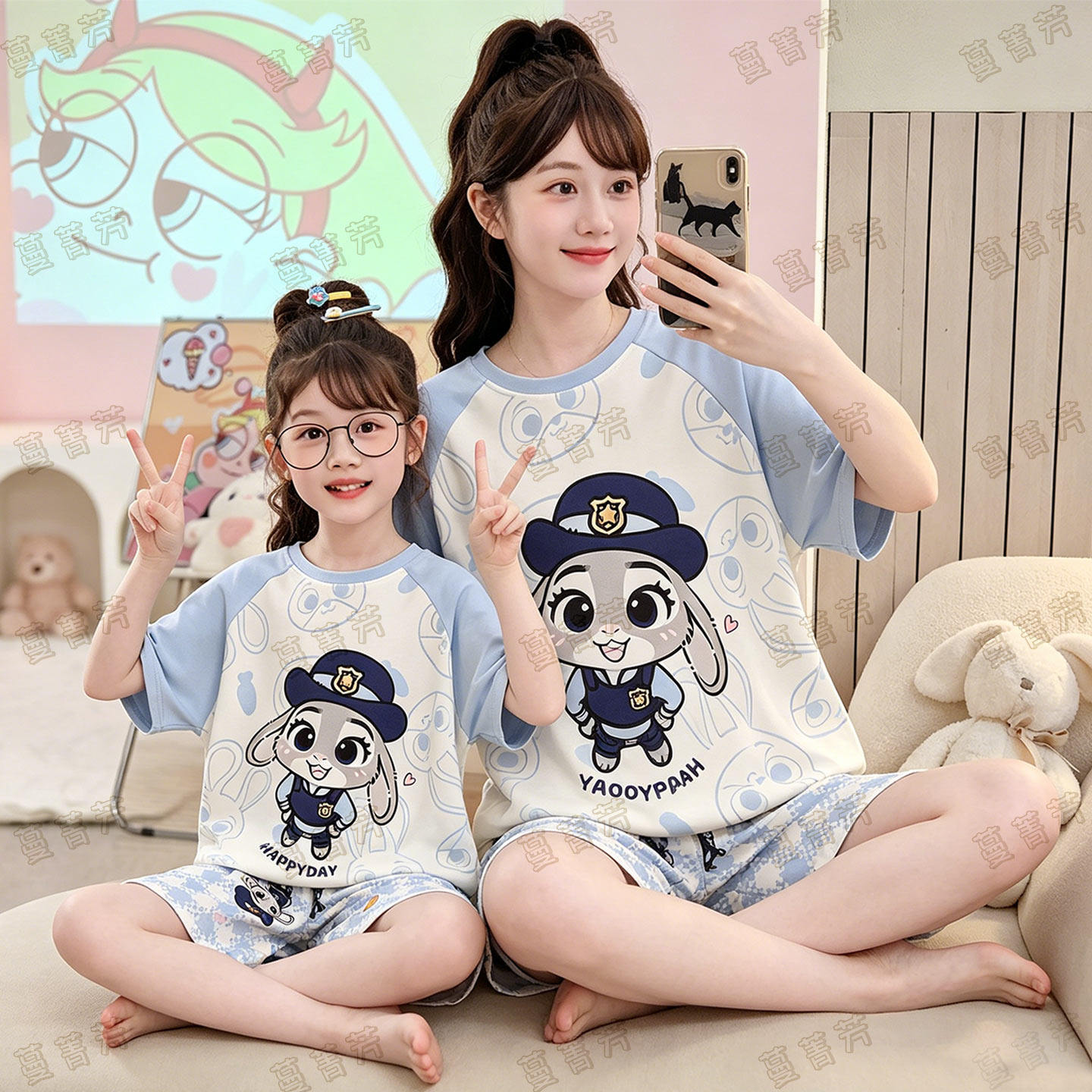 女童睡衣纯棉短袖薄款母女家居服