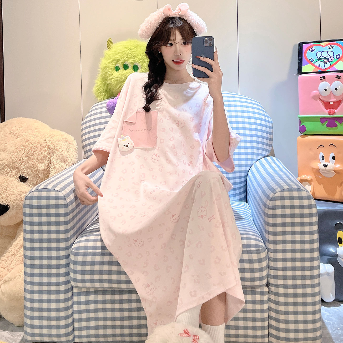 女款夏季纯棉短袖卡通宽松睡裙