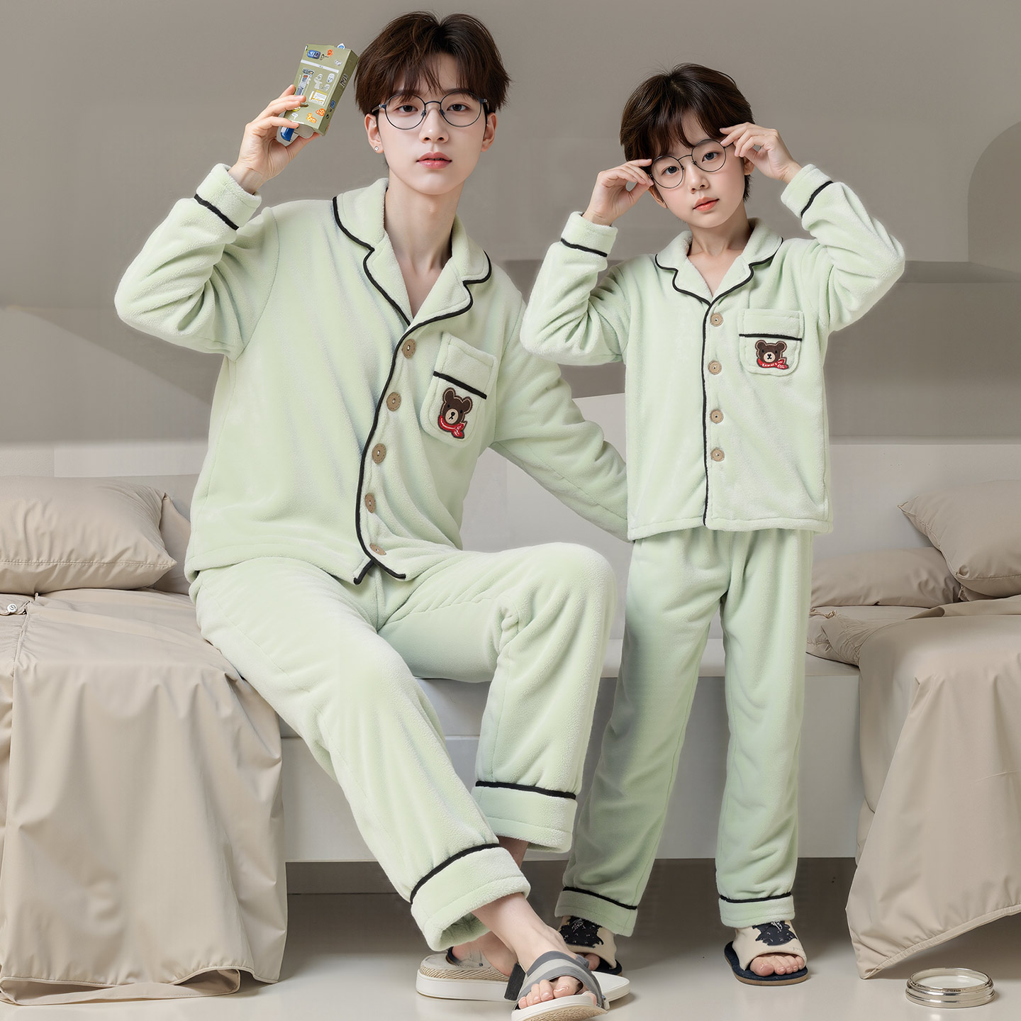 亲子装睡衣珊瑚绒秋冬款加绒加厚大码小熊开衫父子家居服男孩套装