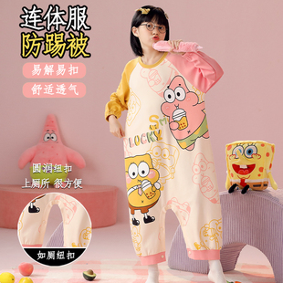 新款海绵宝宝女童连体睡衣春秋纯棉长袖家居服女孩派大星一体防踢