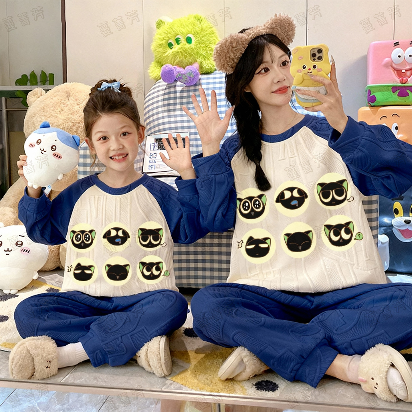 母女空气棉加厚冬季罗小黑家居服