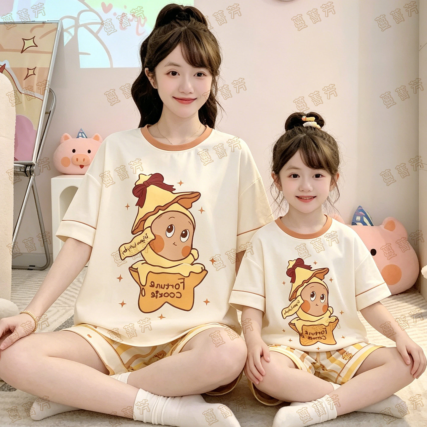 星星纯棉母女睡衣女童夏季短袖短